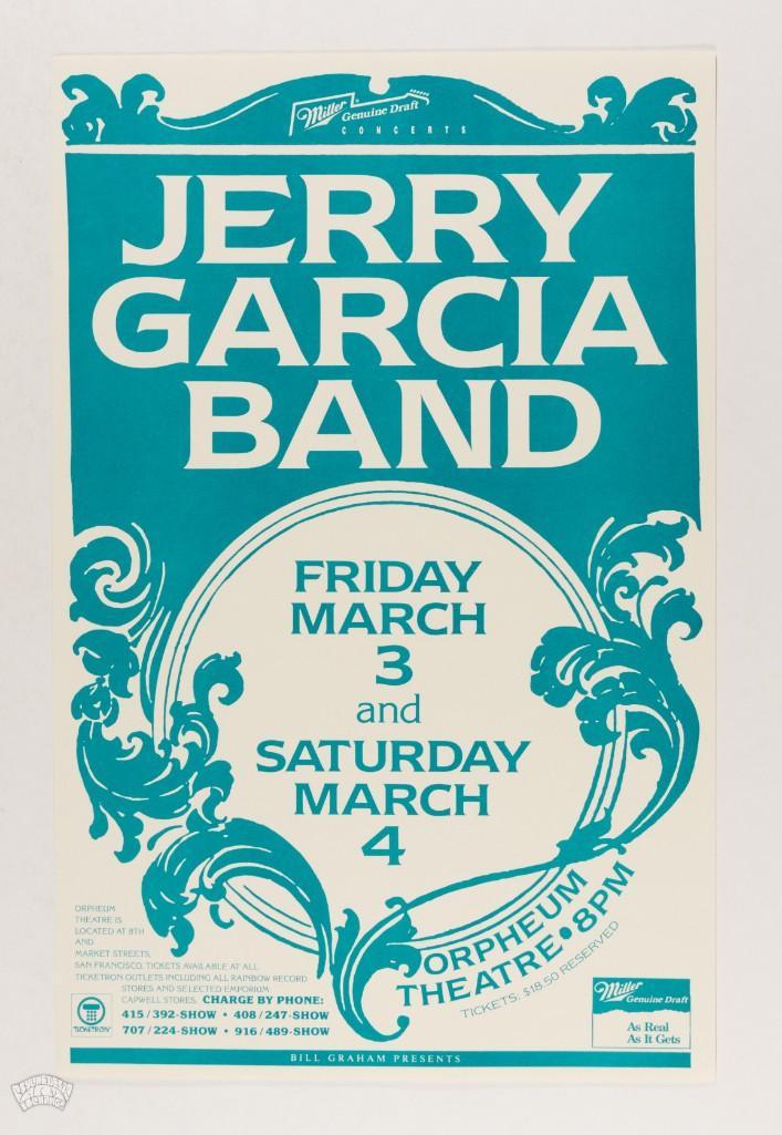 1989 Jerry Garcia Band Orpheum Theatre Poster: This Jerry Garcia Band Original Poster was produced to advertise a 1989 concert at San Francisco's Orpheum Theatre. Perfect for new collectors! --CRITICAL DETAILS-- --TITLE: Jerry Garcia Band O