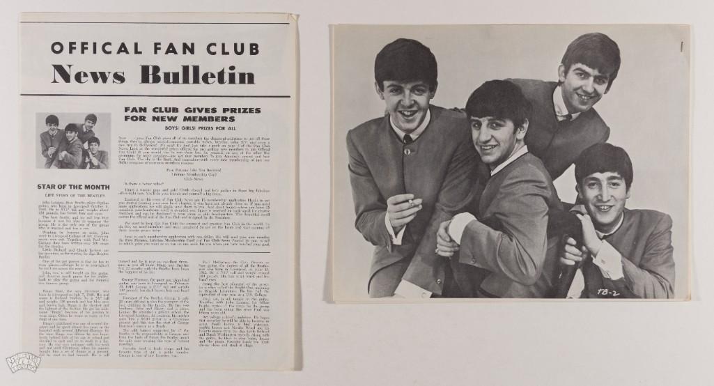 1964 The Beatles Official Fan Club News Bulletin: Presenting this Beatles fan club bulletin pack, circa the Summer of 1964. The lot includes a Beatles news bulletin along with photos, and the original envelope it was mailed in. --CRITICAL DETAILS-- -