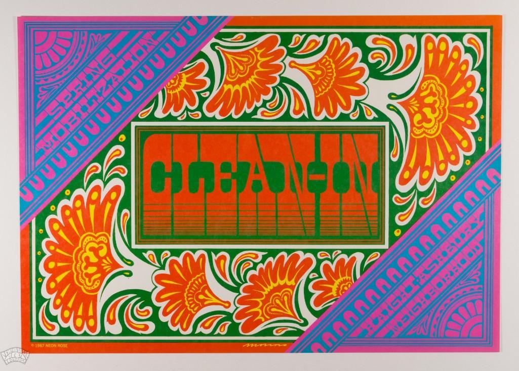 1967 NR-15 Haight Ashbury Clean In Poster: In addition to promoting concerts at the Matrix, Victor Moscoso's Neon Rose series also included commissions for posters advertising art exhibitions and special events like this one. The NR-15 adv
