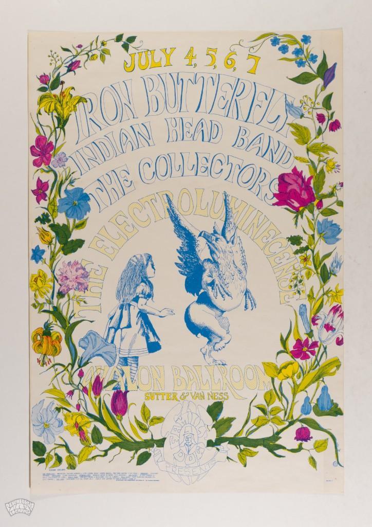 1968 FD-126 Iron Butterfly Avalon Ballroom Poster: This delightful contribution to the FD series was submitted by a 16-year-old artist Dottie. It depicts Alice and the Griffin surrounded by flowers. This lot is a great opportunity for the new collecto