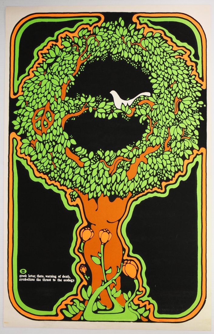 1970 The Tree of Ecology Blacklight Headshop Poster: This beautiful, vintage headshop poster was distributed by Specialty Imports, Inc. in 1970 and is titled The Tree of Ecology. The symbol and definition are explained in the lower left and the vivid ar