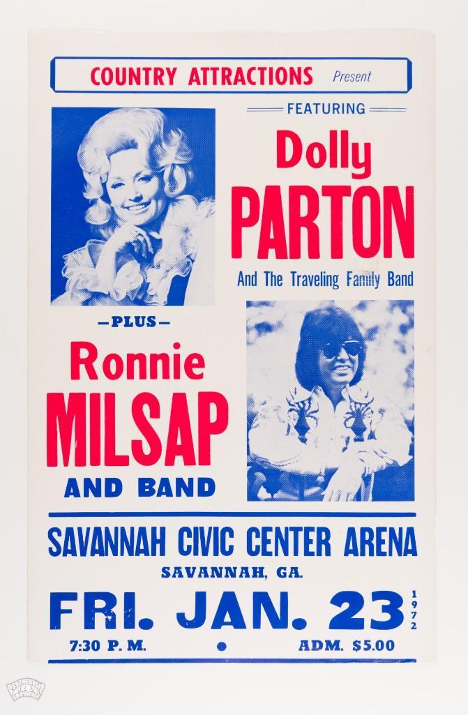 1972 Dolly Parton Ronnie Milsap Savannah Civic Poster: The wonderful Dolly Parton appears on this poster from her appearance at the Savannah Civic Center Arena on January 23rd, 1972. We have seen a recent spike in original material featuring Dolly Parton 