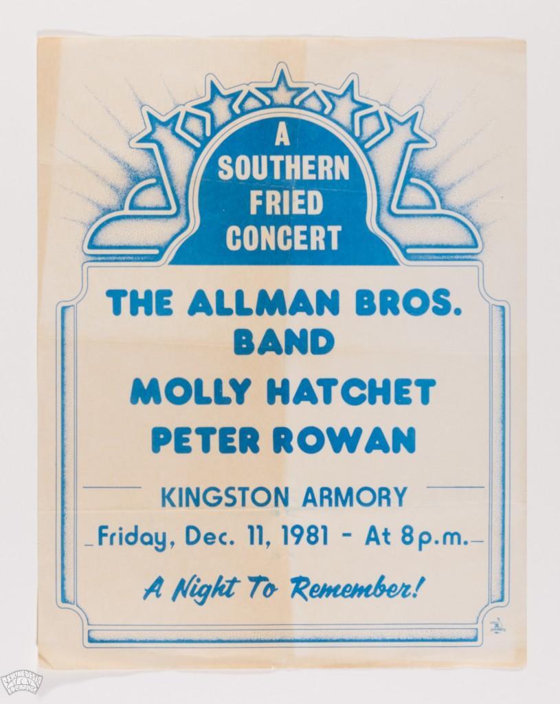1981 Allman Brothers Band Kingston Armory Handbill: Appearing for the FIRST time in our auction, we have this handbill from December 1981 featuring the Allman Brothers Band, Molly Hatchet, and Peter Rowan! The show occurred at the Kingston Armory in Ki
