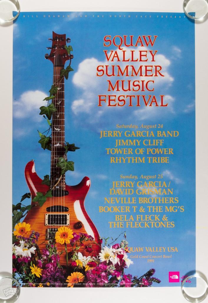 1991 BGP-46 Jerry Garcia Squaw Valley Festival Poster: The 1991 Squaw Valley Summer Music Festival featured performances by the electric Jerry Garcia Band AND the acoustic long-time partnership of Jerry Garcia and David Grisman. David is one of the most b