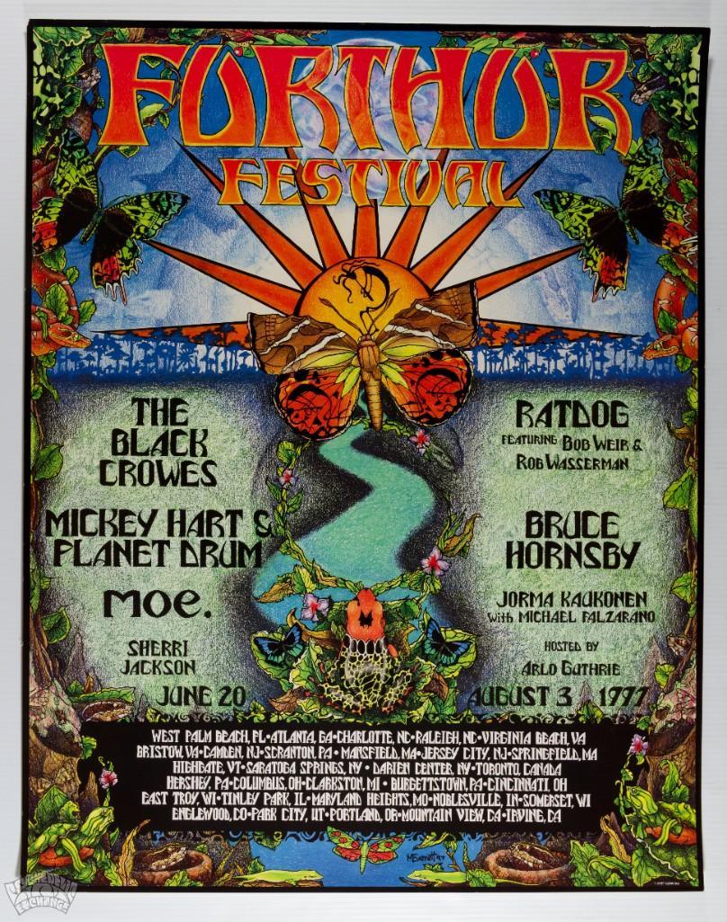 1997 Ratdog Mickey Hart Furthur Festival Poster: This poster was created for the Furthur Festival spanning the summer of 1997. Performers included the Black Crowes, Mickey Hart & Planet Drum, Ratdog, Moe., Bruce Hornsby, and more! This is the fi