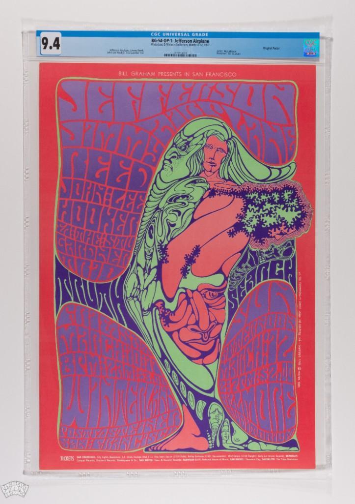 1967 BG-54 Jefferson Airplane Fillmore Poster 9.4: Another early poster from the first year of Bill Graham at The Fillmore. Classic band, classic Wes Wilson design, classic venue, beautiful condition, and affordable price. Exciting opportunity! --CRIT