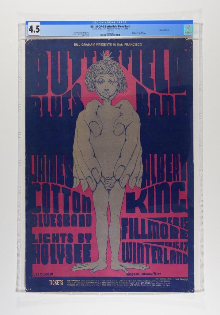 1968 BG-107 Butterfield Blues Winterland Poster 4.5: From the Houston Freeburg Collection. King of the blues harmonica, Paul Butterfield was the master of blending electric Chicago blues with rock and roll and even jazz fusion. This original poster was 