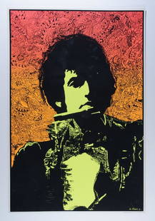 1968 Joe Roberts Jr Bob Dylan Blacklight Poster: This vintage blacklight poster from 1968 features the great Bob Dylan and looks absolutely stunning. It was designed by Joe Roberts Jr and distributed by Sirkia. The art exhibits intense and vivid col