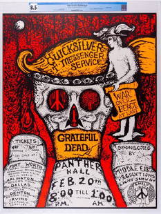 1970 AOR-4.161 Grateful Dead Panther Hall Poster 8.5: Here is an amazing example of a small run silkscreen done for a short-lived regional venue. This huge, stunning poster was created for a Grateful Dead, Quicksilver show in Fort Worth Texas in 1970. A