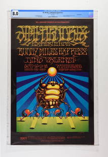 1968 BG-140 Jimi Hendrix Winterland Poster 8: This incredible collaboration between the two masters of the poster scene Victor Moscoso and Rick Griffin was created for a three-show run at Winterland featuring The Jimi Hendrix Experience. These co