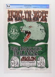 1966 FD-27 Howlin' Wolf Big Brother Avalon Poster 9.6: This powerful poster for a canceled Howlin' Wolf show at the Avalon features another classic Mouse/Kelley design. The FD-27 issue was only printed before the concerts (there are no reprints), which