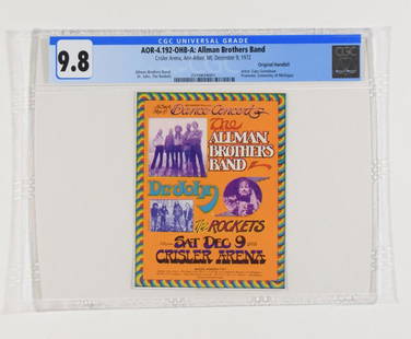 1972 AOR-4.192 Allman Brothers Crisner Aud Handbill 9.8: This amazing, double-sided original handbill is appearing for our auction for just the second time! The front advertised The Allman Brothers, Dr. John and The Rockets at Crisner Auditorium in Ann Arbo