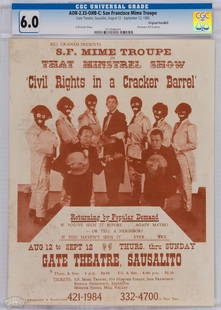 1965 AOR-2.33 SF Mime Troupe Gate Theatre Handbill 6: This double-sided handbill is from the very first days of Bill Graham's tenure with the Mime Troupe. These events are from August of 1965 at the Gate Theatre and predate the Mime Troupe I by 3 mon