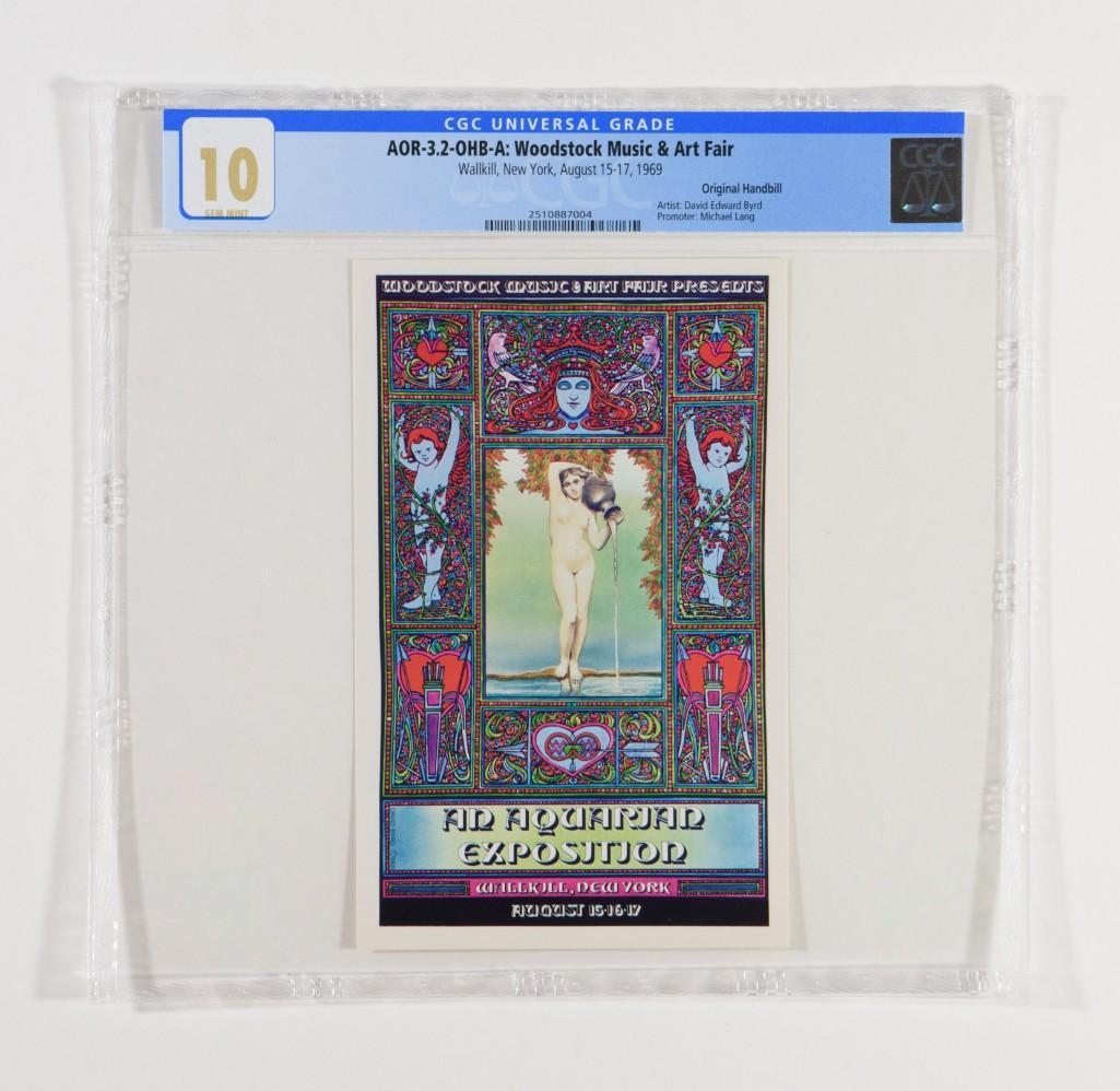 1969 AOR-3.2 Woodstock Wallkill Handbill 10: A high-grade PERFECT 10 CGC masterpiece! This is the HIGHEST grade of this handbill we have EVER offered! The Woodstock Music and Arts Fair is easily the most famous musical/cultural event of the 1960