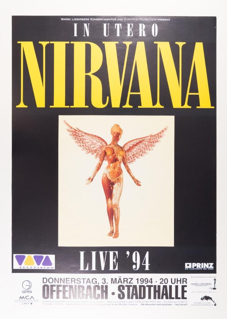 1994 Nirvana Stadthalle Germany Poster: This poster was produced for a Nirvana show scheduled for March 3rd, 1994 in Stadthalle in Offenbach Am Main, Germany. The band was touring Europe in support of their third album, In Utero, when Kurt