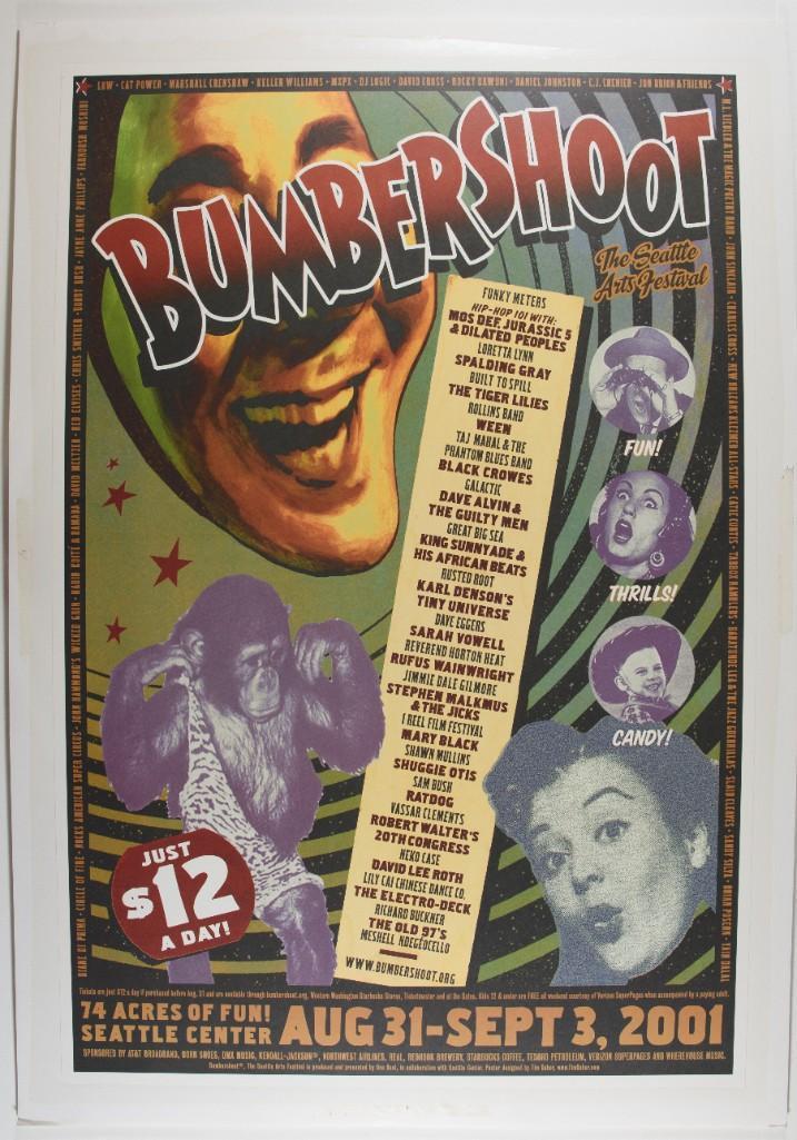 2001 Ween Bumbershoot Fest Seattle Poster Mounted: Here we have a poster created for the 2001 Bumbershoot Festival, an annual summer music festival held in Seattle. That year's lineup included Ween, The Black Crowes, Ratdog, David Lee Roth, and mo