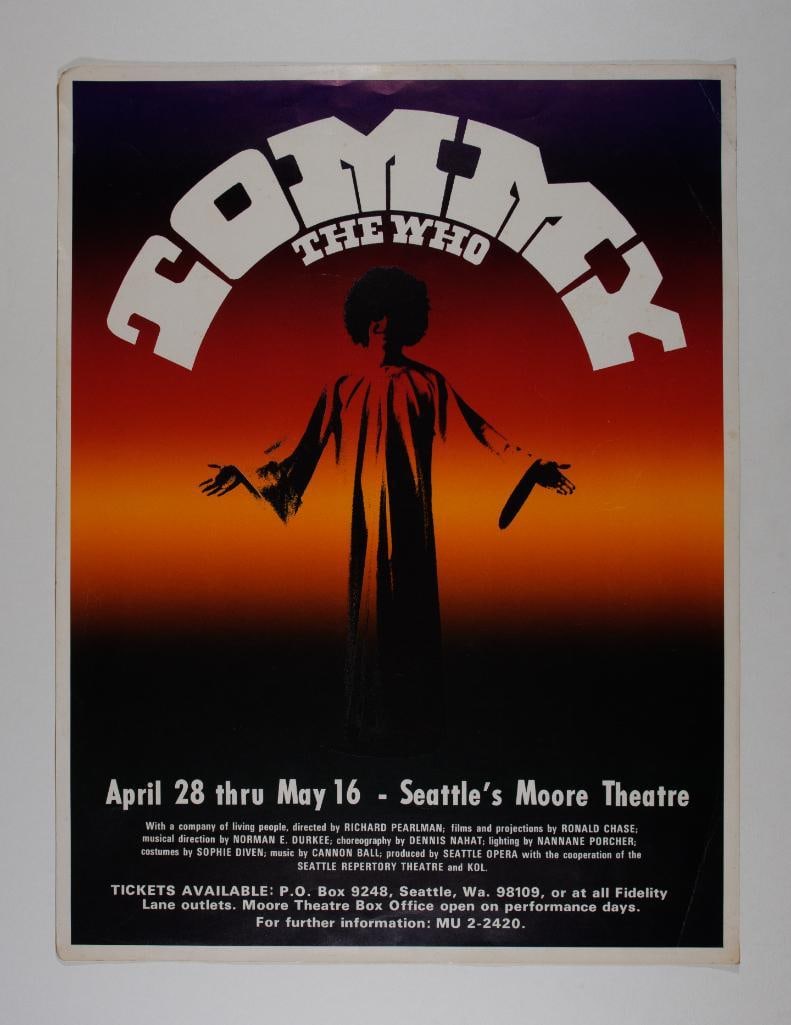 1971 The Who Tommy Moore Theatre Seattle Poster Extra Fine 69: Vintage concert poster from The Who's iconic performance of "Tommy" at Seattle's Moore Theatre, spanning from April 28 to May 16, 1971. This original printing poster, despite some crea