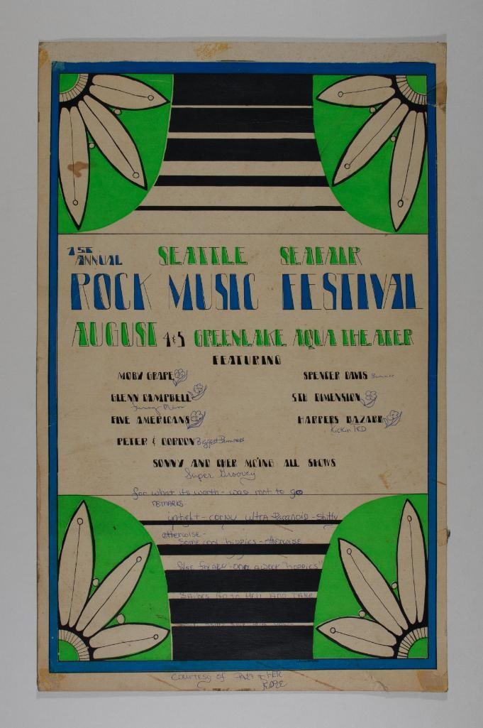 1968 Moby Grape The 1st Annual Seattle Seafair Rock Music Festival Cardboard Poster Excellent 61: This poster is amazing on several levels. It’s a 1968 Festival poster at the Aqua Theater in Seattle WA . This simple screen printed poster advertised a 2 day festival that was MC’d by Son
