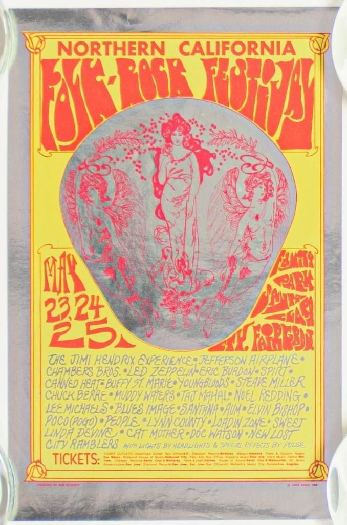 1969 Jimi Hendrix Jefferson Airplane Northern California Folk Rock Festival Handbill Excellent 75 (1 of 2)