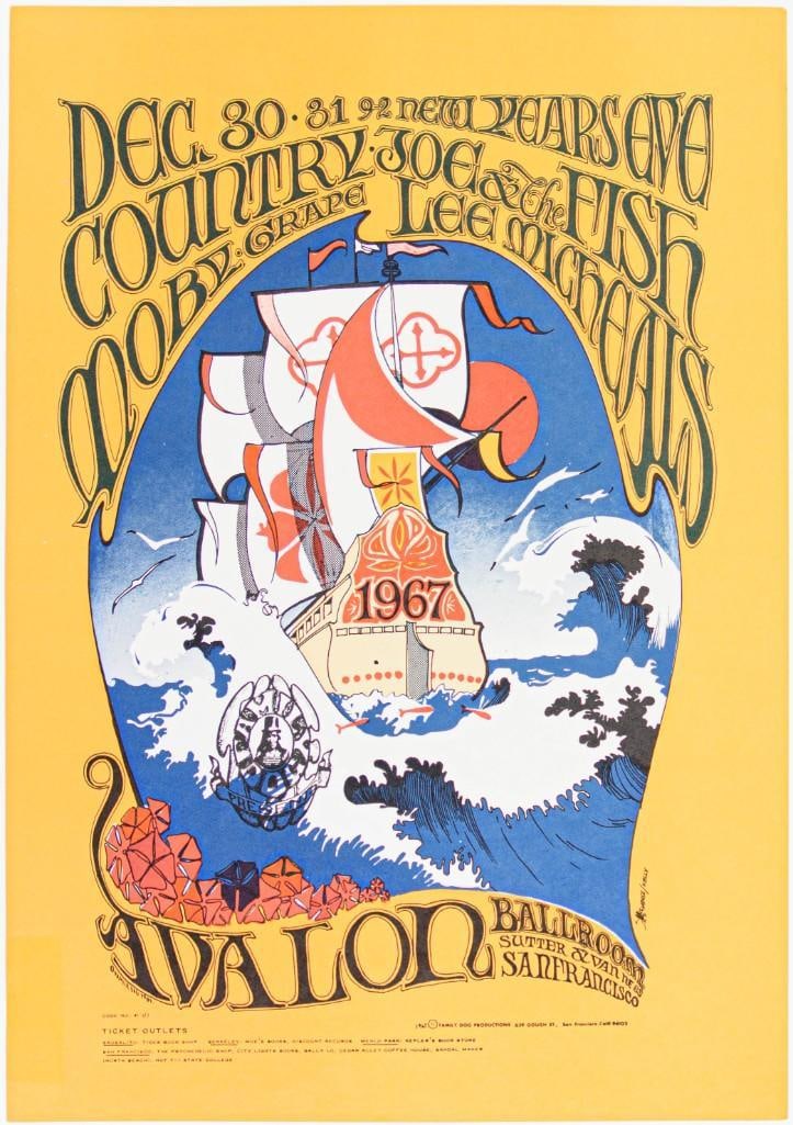 1966 FD-41 Country Joe Moby Grape Avalon Ballroom RP2 Poster Near Mint 83: This second-printing poster offers the same popular and iconic art for far less than a First Print currently commands. New Year's Eve at the Avalon! This gorgeous poster for the Family Dog by Mous