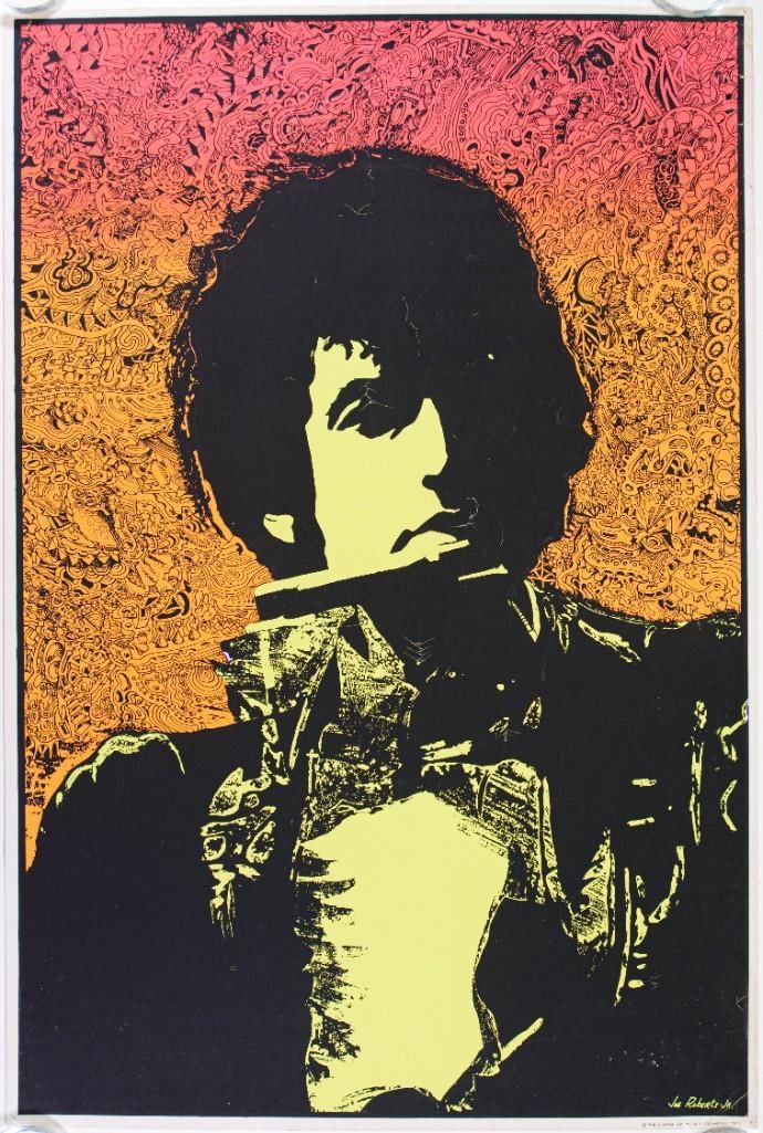 1968 Joe Roberts Jr Bob Dylan Blacklight Poster Extra Fine 67: This vintage blacklight poster from 1968 features the great Bob Dylan and looks absolutely stunning. It was designed by Joe Roberts Jr and distributed by Sirkia. The art exhibits intense and vivid col