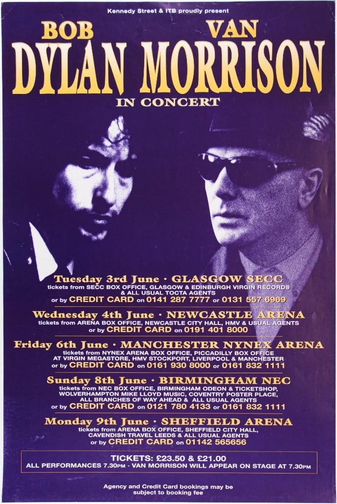 1999 Bob Dylan Van Morrison UK Tour Poster Excellent 73: This poster was produced for two legends, Bob Dylan and Van Morrison, touring the U.K. in June 1999. Condition Details: Handling, edge wear --CRITICAL DETAILS-- --TITLE: 1