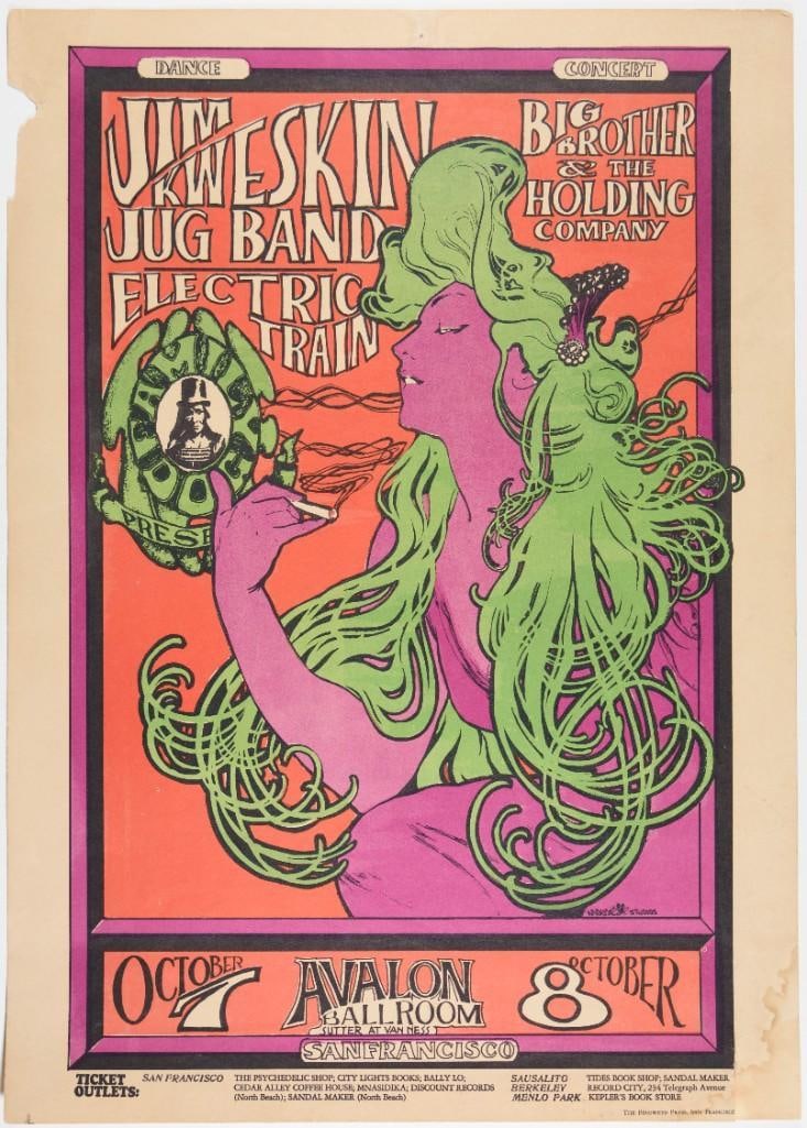 1966 FD-29 Big Brother Janis Joplin Avalon Ballroom Poster Extra Fine 63: The Woman with The Green Hair is one of THE seminal posters of the era. This Mouse/Kelley piece utilizes the classic Art Nuevo image created by legendary artist Alphonse Mucha for the JOB cigarette pa