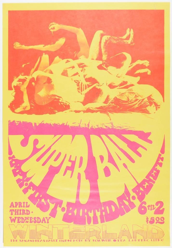 1968 Grateful Dead KMPX Radio Super Ball Winterland Poster Excellent 77: Superball at Winterland! This poster by San Andreas Fault (Tad Hunter) announced a strike benefit concert for KMPX FM workers in 1968. The Grateful Dead, Moby Grape, Electric Flag and others played at