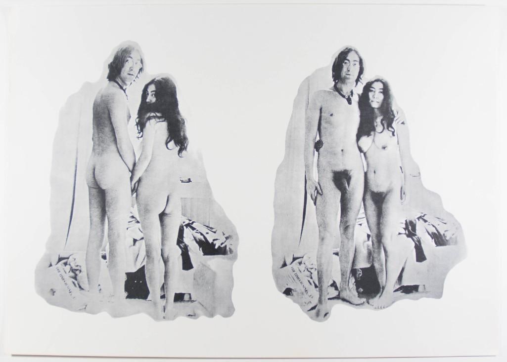 1970 John and Yoko Nude UK Uncensored Version Poster Excellent 75: This poster from 1970 features a classic image of a nude John Lennon and Yoko Ono originally taken in 1968. This is the original uncensored version from the UK. Condition Details: Top left corne