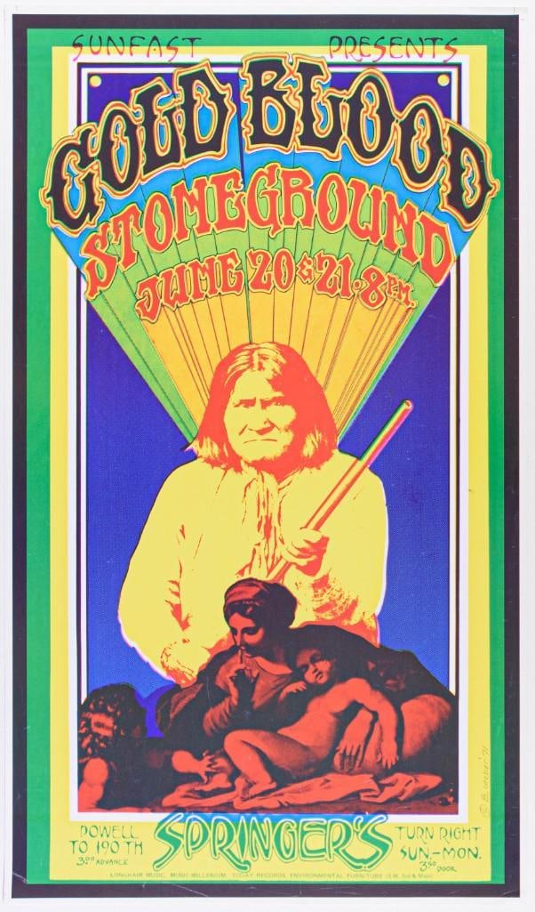 1971 Cold Blood Springer's Portland RP Poster Excellent 75: This beautiful second-printing poster features a design by artist Bruce Weber. The original poster advertised Cold Blood and Stoneground playing at Springer's in Portland, Oregon on June 20, 1971.