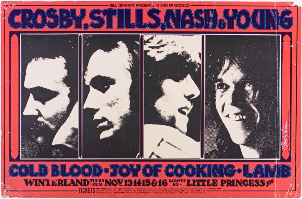 1969 BG-200 Crosby Stills Nash Young Winterland Signed Tuten Poster Extra Fine 69 (1 of 2)