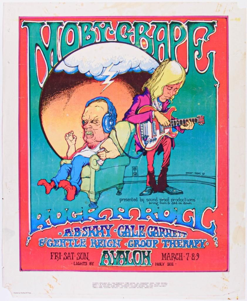 1969 AOR-2.29 Greg Irons Moby Grape Avalon Ballroom Poster Extra Fine 61: Artist Greg Irons had a long list of popular poster designs from the late sixties era as well as his noted credit for animation work on the Beatles cartoon movie Yellow Submarine. This comical Irons p