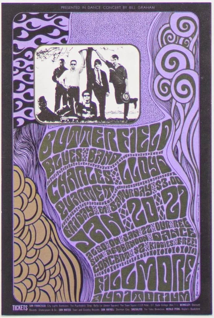 1967 BG-46 Butterfield Blues Band Fillmore Auditorium Postcard Near Mint 89: Original Postcard from the Fillmore in 1967! The Butterfield Blues Band were innovators in the world of blues/ rock and were at the top of their game in the late 1960s after the release of their first
