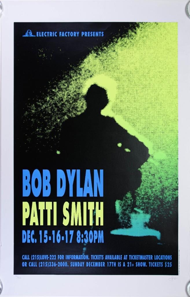 1995 Bob Dylan Patti Smith The Electric Factory Philadelphia LE Signed Wig Poster Excellent 71: This limited edition poster is signed and numbered 74/500 in pencil by the artist, Wig! Here we have a large poster produced by Artrock for a run of concerts at The Electric Factory in Phila