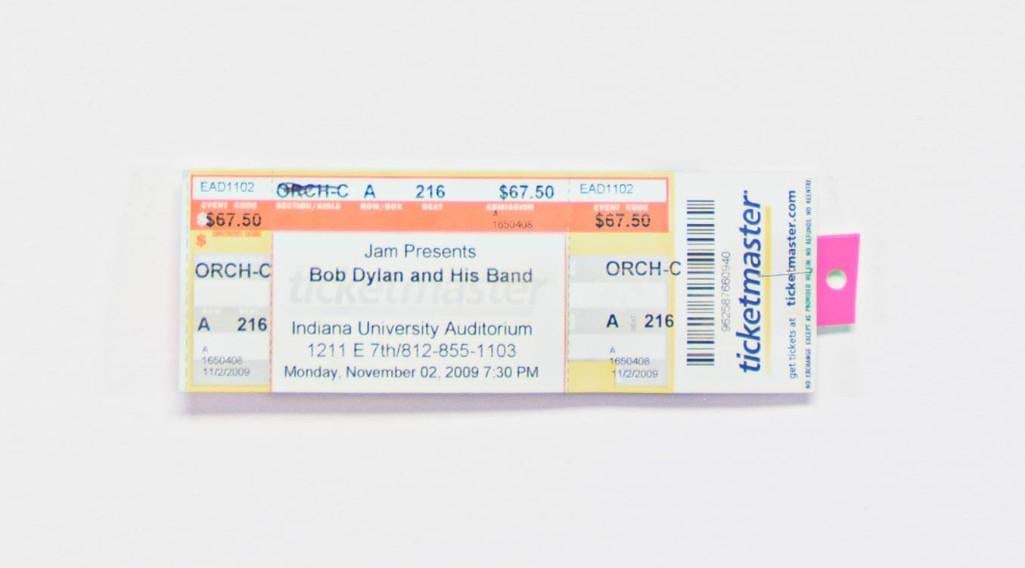 2009 Bob Dylan Band Tom Waits Indiana University Auditorium Ticket and Bracelet Mint 90: This lot features an original ticket and bracelet from Bob Dylan's appearance with his band at Indiana University on November 2nd, 2009. --CRITICAL DETAILS-- --TITLE Bob Dylan Band Tic