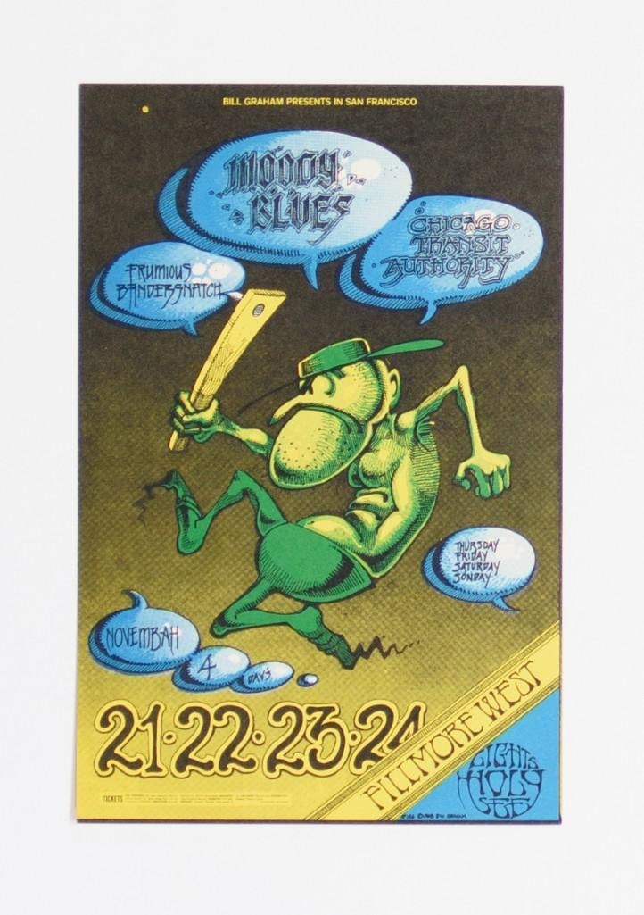 1968 BG-146 The Moody Blues Fillmore West Postcard Near Mint 83: Here's an example of an Original Fillmore West postcard created by two late, great legendary artists - Alton Kelley and Rick Griffin! This 1968 Moody Blues issue has been a long-standing favorite