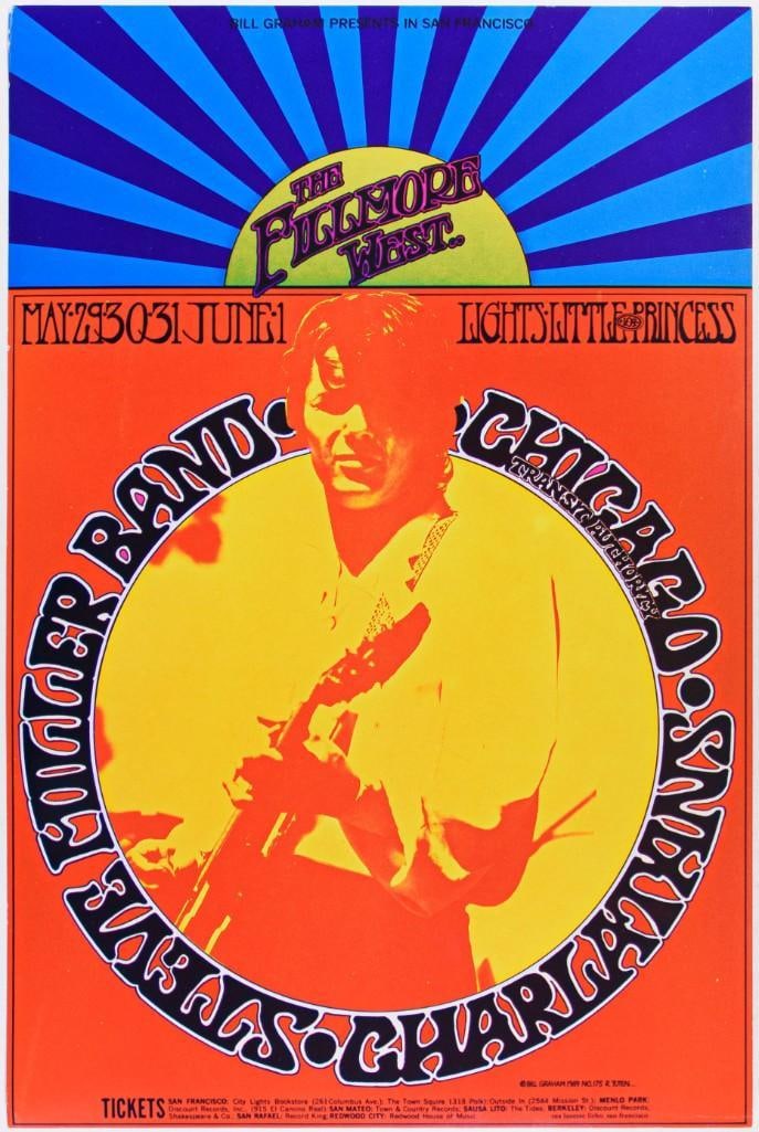 1969 BG-175 Charlatans Steve Miller Band Chicago Fillmore West Poster Near Mint 83: Steve Miller Band, Chicago and The Charlatans are featured on this Fillmore West original poster from May of 1969. The design was created by Randy Tuten. Here's another one of those posters that w