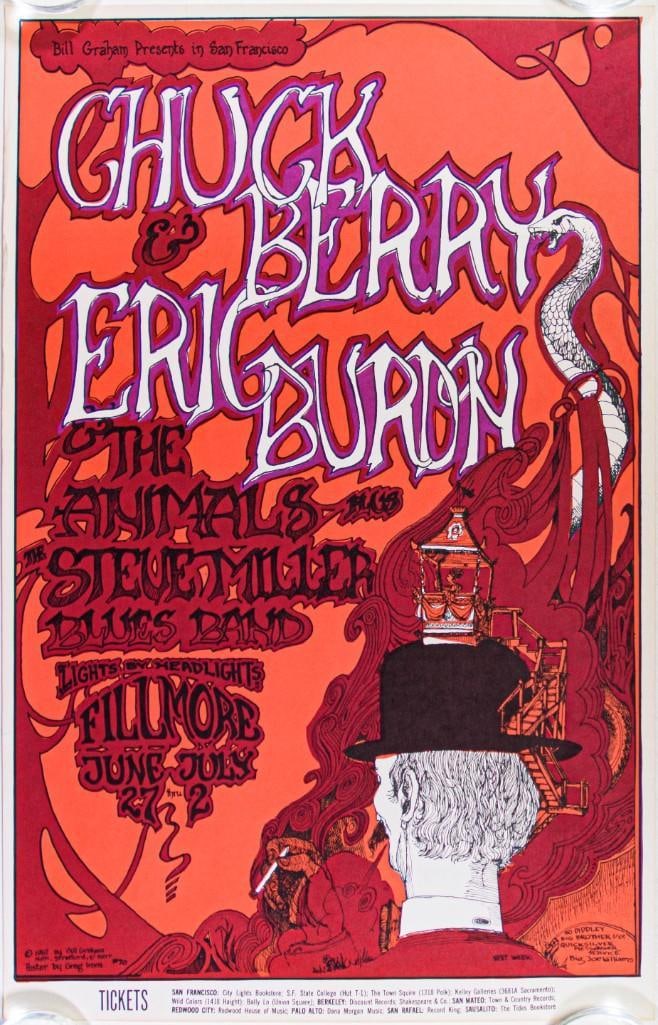 1967 BG-70 Steve Miller Chuck Berry Eric Burdon Fillmore Auditorium Poster Near Mint 85 (1 of 2)