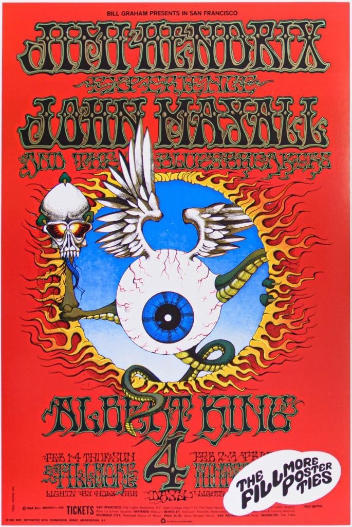 1968 BG-105 Jimi Hendrix Experience Winterland RP5 Poster Mint 91: This lot offers the official fifth printing of what is considered by many collectors to be the most famous concert poster from the 1960s, Rick Griffin's masterpiece the BG-105. It features what is