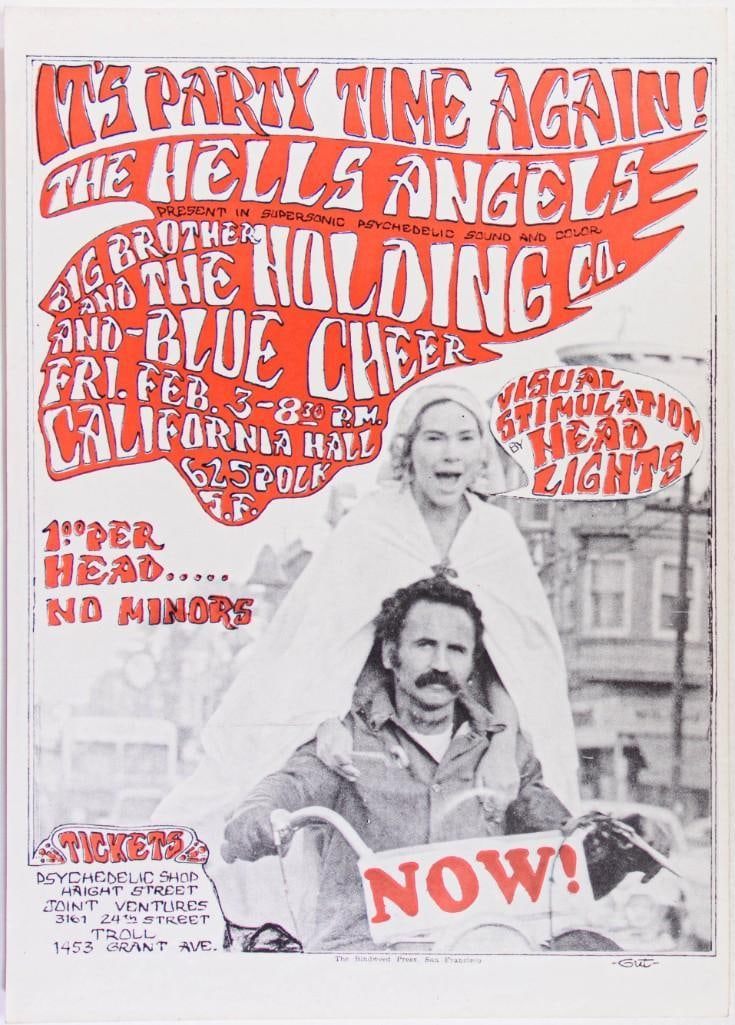 1967 AOR-2.248 Big Brother Janis Joplin Blue Cheer California Hall Poster Near Mint 85: Here we have a Janis Joplin/Big Brother poster that works on many levels. This event was sponsored by Hell's Angels as a benefit for Hairy Harry. All concert posters featuring the Hell's Angel