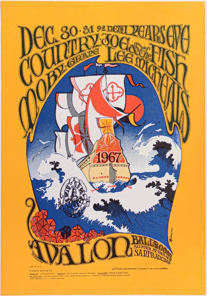1966 FD-41 Moby Grape Country Joe Lee Michaels Avalon Ballroom RP2 Poster Excellent 77: This second-printing poster offers the same popular and iconic art for far less than a First Print currently commands. New Year's Eve at the Avalon! This gorgeous poster for the Family Dog by Mous