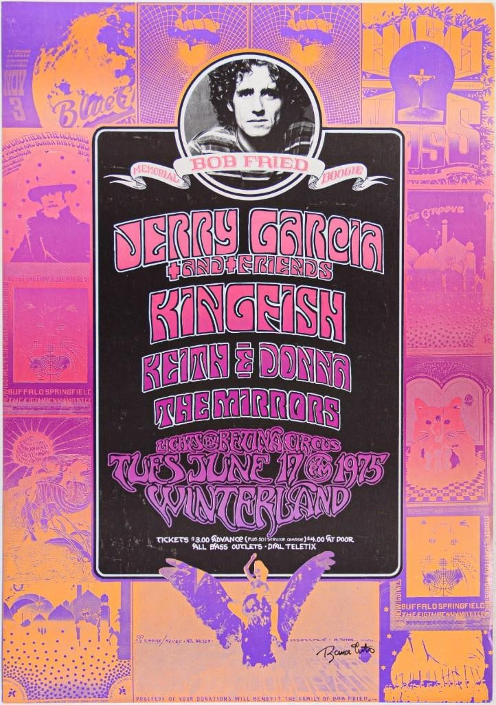 1975 Jerry Garcia & Friends Kingfish Bob Fried Memorial Winterland Signed Tuten Poster Near Mint 81 (1 of 2)