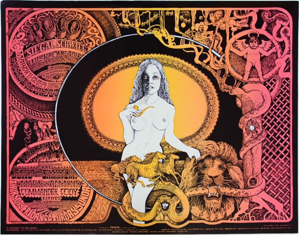 1971 BG-273/274 Poco Wishbone Ash Commander Cody Fillmore West Poster Near Mint 80: This large double-sized Fillmore poster by Norman Orr makes striking use of the split fountain printing technique. The nude is a portrait of the artist's wife. There is also homage to Rick Griffin