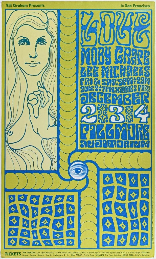 1966 BG-40 Love Moby Grape Fillmore Auditorium RP3 Poster Excellent 70: This RP-3 post-concert printing poster offers the same great artwork as the original for a far more affordable price! This lovely Wes Wilson design is one of his early works that celebrate the feminin