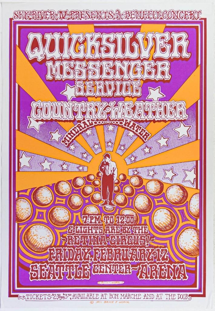 1971 Quicksilver Messenger Service Country Weather The Seattle Center Arena RP2 Poster Excellent 77: This beautiful second-printing poster features a design by artist Bruce Weber. It advertises Quicksilver Messenger Service and Country Weather at The Seattle Center Arena in 1971. The original poster