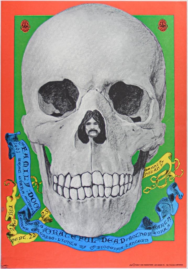 1967 FD-82 Grateful Dead Mother Earth 1601 West Evans St Denver Poster Excellent 75: The Grateful Dead played a pair of shows at the short-lived Family Dog Venue in Denver Colorado in 1967. This advertisement for said event is a real sleeper among Dead posters. It features skull image