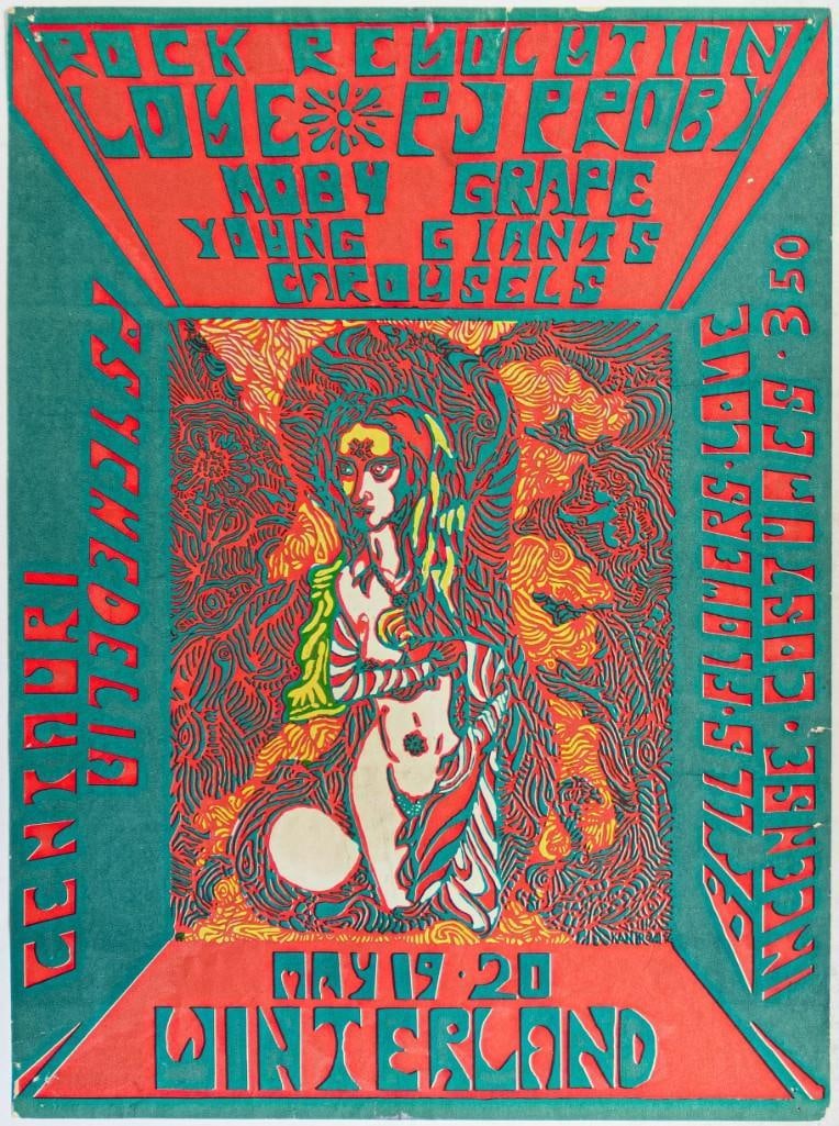 1967 Moby Grape Love PJ Proby Young Giants Winterland Poster Extra Fine 63: This poster was created for "Rock Revolution," an event featuring Love, PJ Proby, Moby Grape, and more at Winterland for two nights in May 1967. Condition Details: Creases, pinholes, te