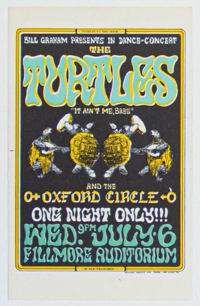 1966 BG-15 The Turtles Oxford Circle Fillmore Auditorium RPC Postcard Near Mint 89: This post-concert printing postcard features artwork originally produced for an early Fillmore concert by the Turtles. It would only be 6 short months after this concert that their song "Happ