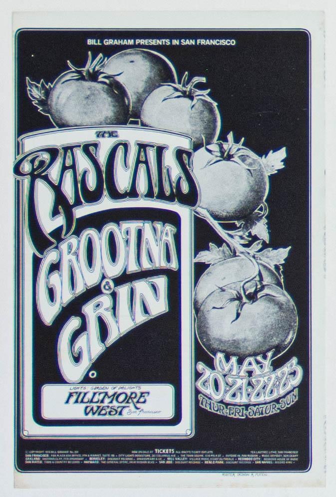 1971 BG-281 The Rascals Grootna Grin Fillmore West Postcard Near Mint 87: This postcard rarely appears in our auction. Randy Tuten created this image for shows in May of 1971 at the Fillmore West featuring the bands The Rascals, Grootna, and Grin. The Rascals were a re