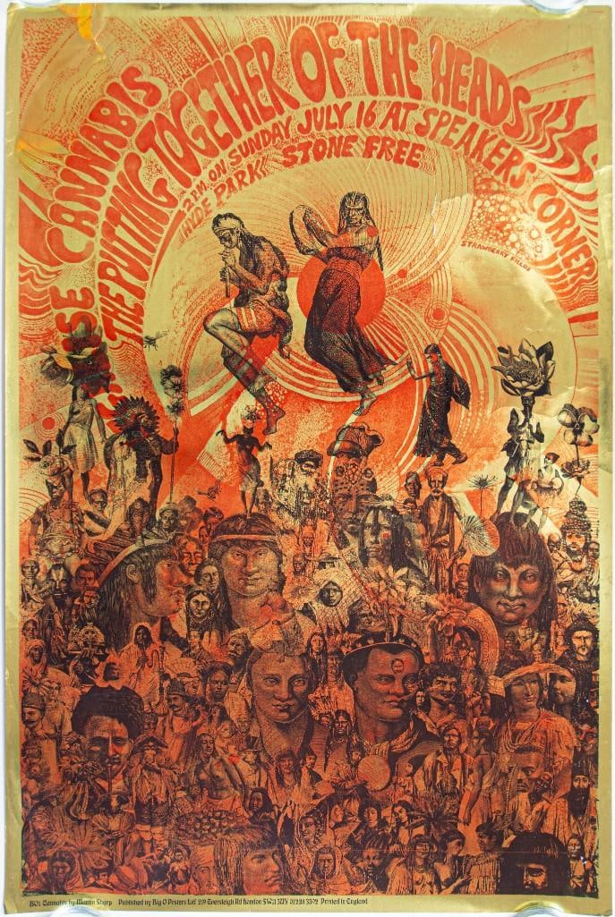 1967 Martin Sharp The Putting Together of the Heads Cannabis Rally Hyde Park Poster Extra Fine 65: Big-O posters were UK-style commercial posters that were created by some of the best artists of the day. Martin Sharp was one of the major contributors to the series. This piece is the first in the se